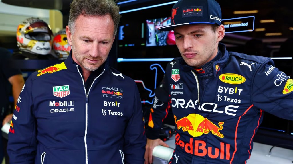 Max Verstappen a Christian Horner. FOTO: x.com/@FakeShowbizNews