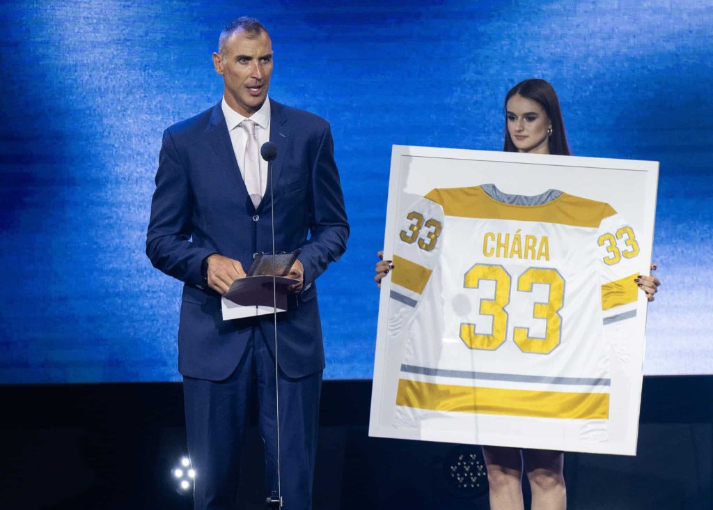 Zdeno Chára počas uvedenia do Siene slávy slovenského hokeja v auguste 2025. FOTO: TASR – Jakub Kotian.